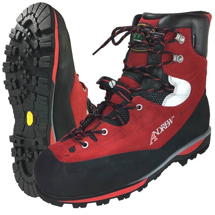 Cervino Wood EZloop by Andrew, red and black mountain boot with lugged sole and lacing