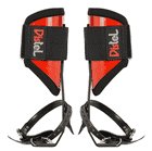 Distel Steel Classic, two red and black metal spur shoes with black straps and the lettering "Distel" on the black Velcro fasteners