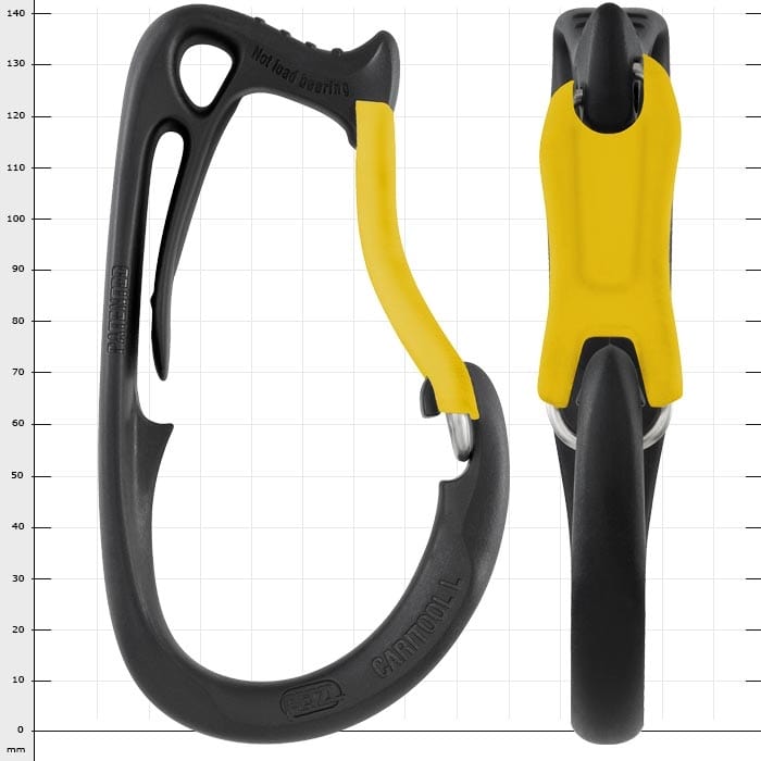Caritool Large snap hook in black and yellow, manufacturer's name not visible, two views side by side, one side and one frontal view