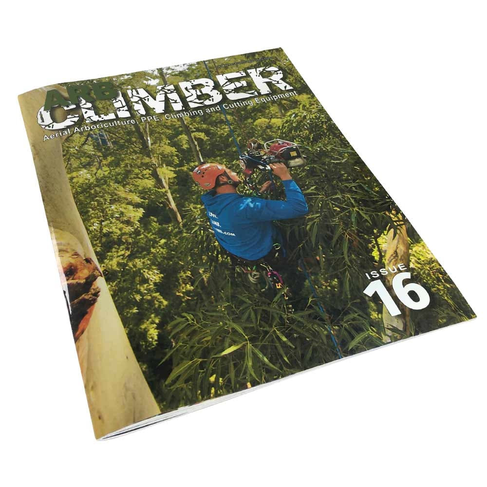 Arb Climber No. 16 magazine with climber in blue jacket and orange helmet, lying at an angle on white background