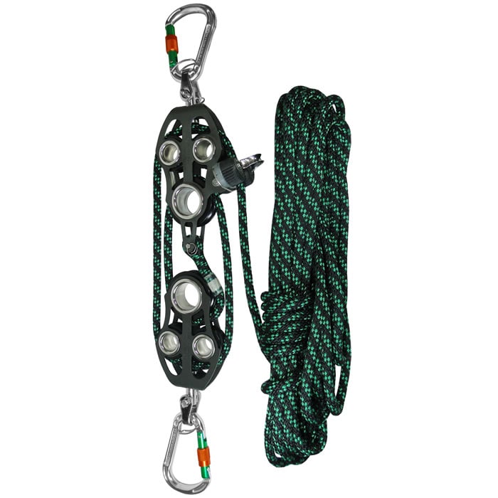 Fiddle block set with two black pulleys, two carabiners with orange-green fasteners and green-black rope
