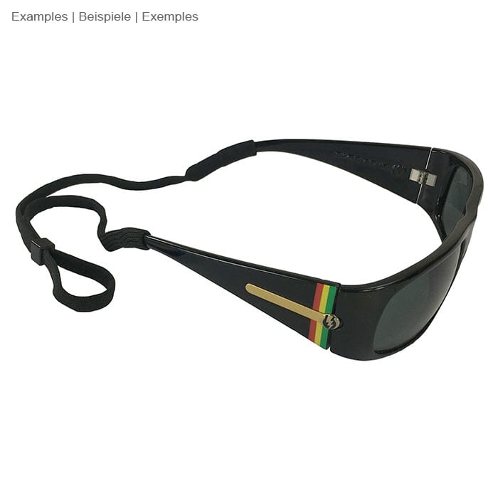 Black sunglasses with glasses strap, no manufacturer's information, the glasses have colorful stripes on the temples