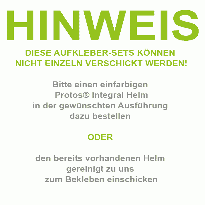Notice text in green and grey titled "NOTE" above order instructions for Protos® Integral helmets