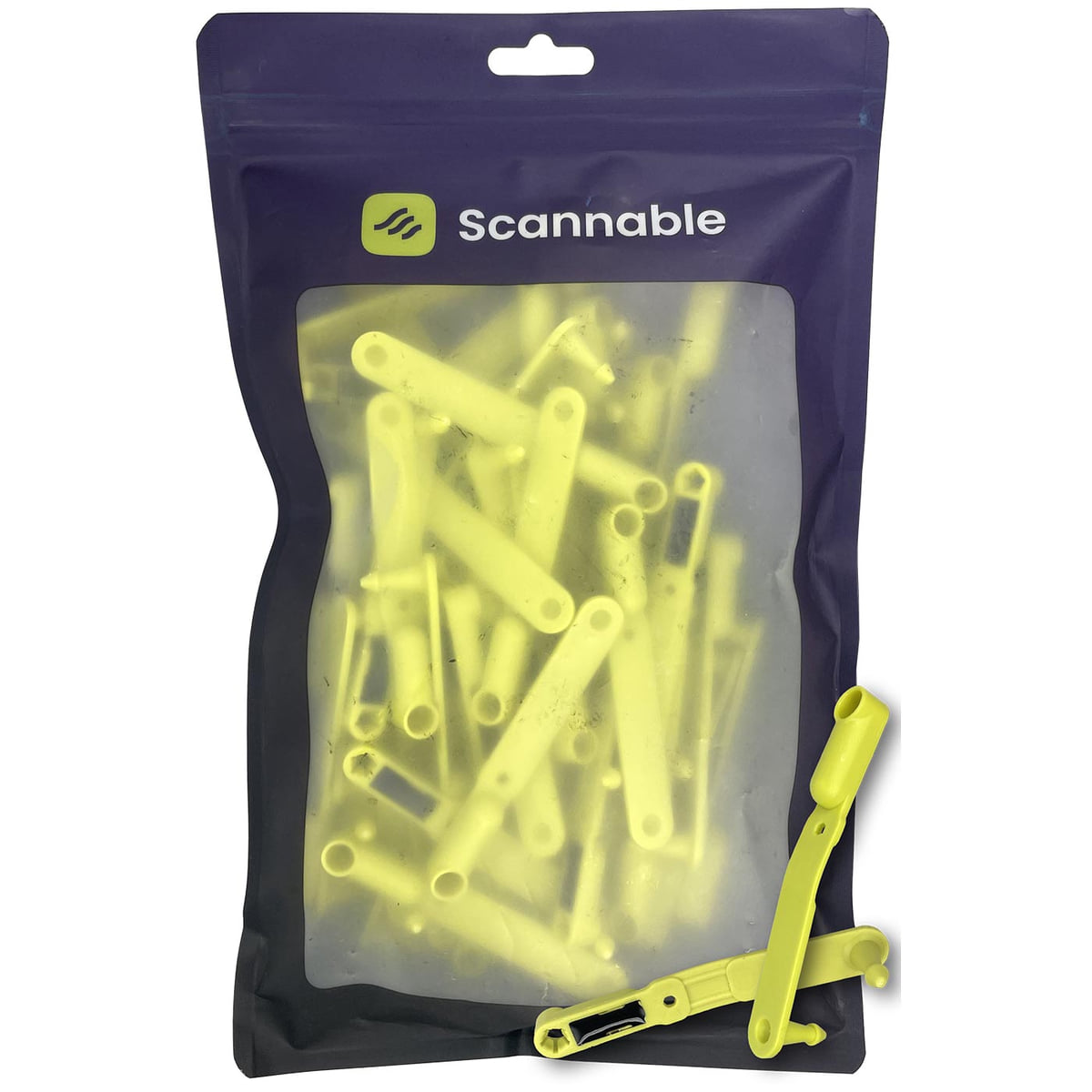 Loops NFC Tag from Scannable in a transparent, purple packaging with many yellow loops inside and two loops on the outside