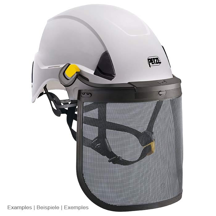 White PETZL Safety Helmet with Vizen Mesh Face Shield with Black Frame and Mesh, Yellow Locking Elements and Black Chin Strap Visible
