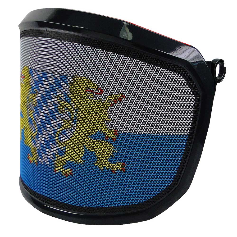 PROTOS® Special Edition visor with black frame, side view of the motif with two golden lions and blue and white diamond pattern behind a black grille and fastening ring