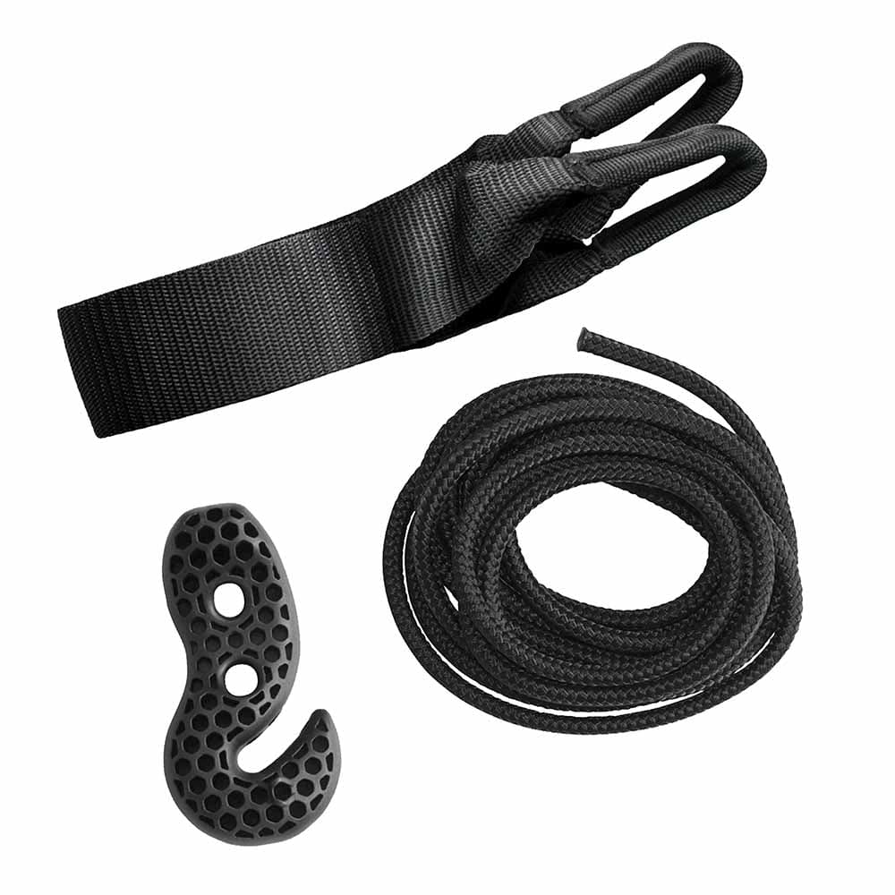 Black strap, black cord and black plastic hook of the TreeMount Seat of La Siesta on white background