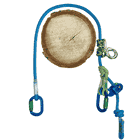hipSTAR Glide 11.5 rope with two blue carabiners and metal eyelet, wrapped with green-yellow rope, lies around a tree trunk