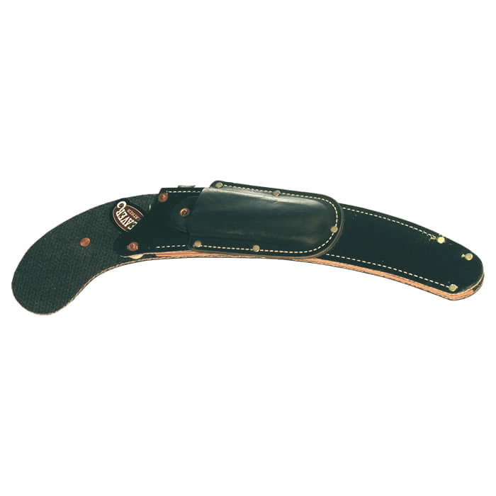 Black Scabbard Curved S sheath made of leather with white stitching and metal rivets, manufacturer's name "WEAVER" visible