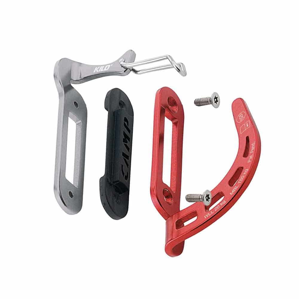 Kilo via ferrata set from Camp, disassembled individual parts in red, black and silver with two screws