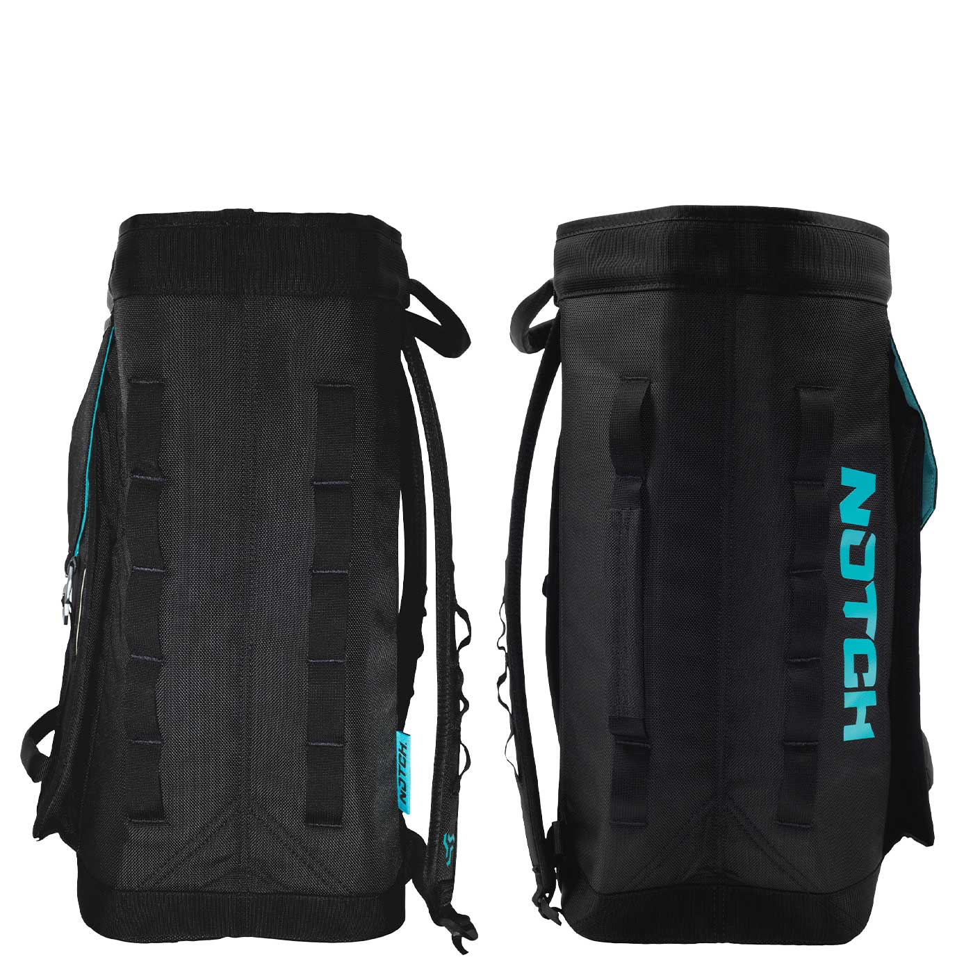 Back and front of the black Approach Bag with turquoise NOTCH logo and handles