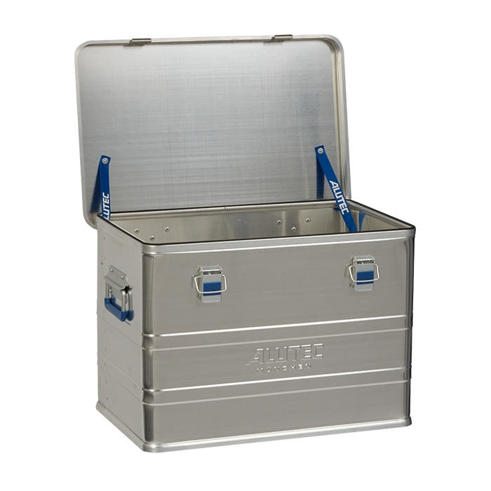 Alubox Comfort 73 by Alutec, open silver aluminium box with blue brackets and handles