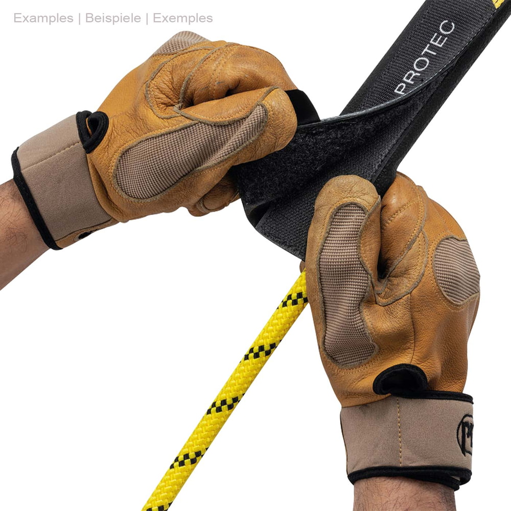 Petzl Protec black and yellow protection with Velcro fastener, held by two hands with brown work gloves, product name and manufacturer visible