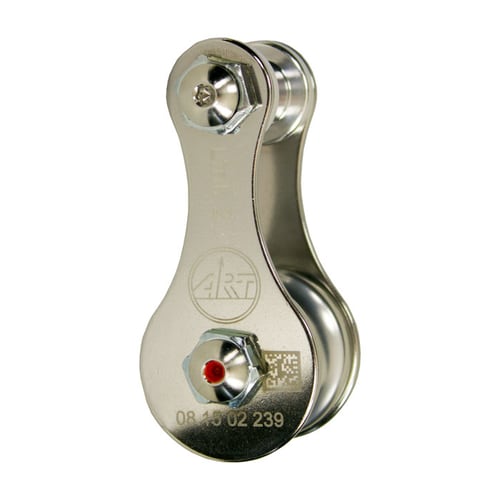 Link 2, silver metal part with two screws and engraved logo, side view