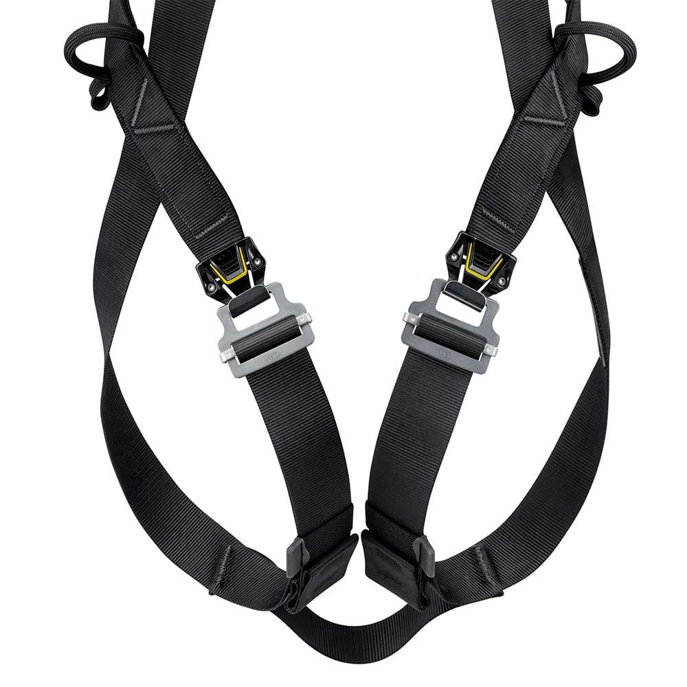 Close-up of the lower black straps and grey buckles of the Newton Fast harness by Petzl