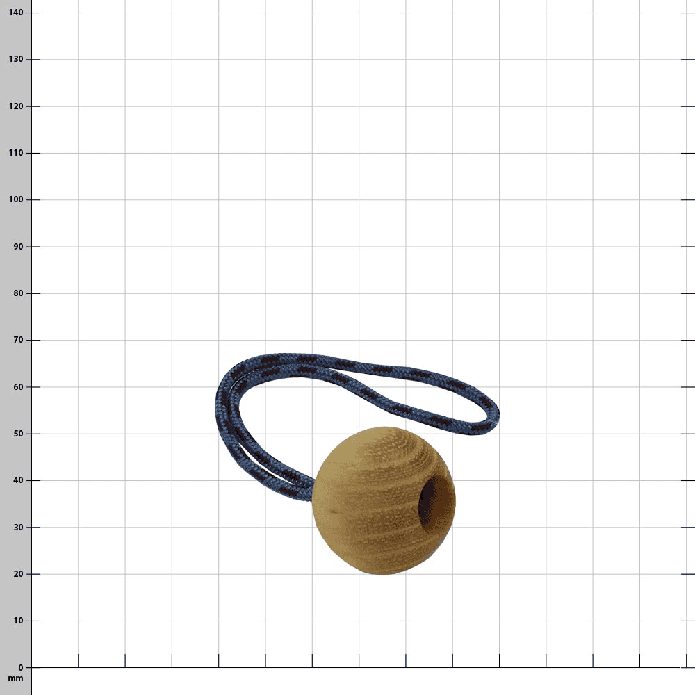 Robinia 32, a round wooden bead with a blue and black ribbon