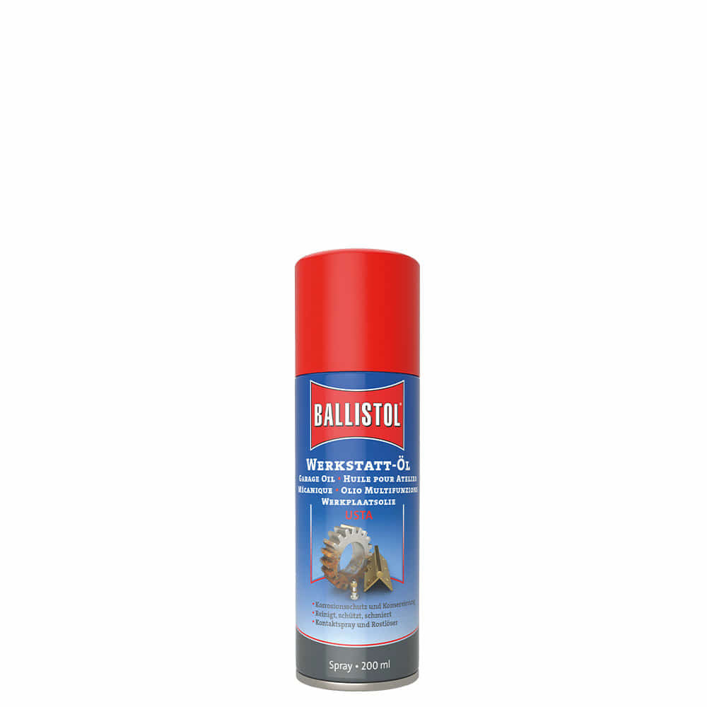 Ballistol Workshop Oil Spray Can with Red Lid and Blue Label, 200 ml Content, with Gear Symbol on the Label