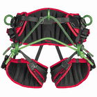 treeMOTION Pro X Climbing harness with black and red pad, green metal rings and green ropes, manufacturer Trufilanger