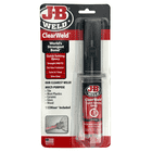 JB Weld ClearWeld Quick-Setting Epoxy in a transparent plastic packaging with red and black design, visible dosing device and inscription "World's Strongest Bond" and other product information