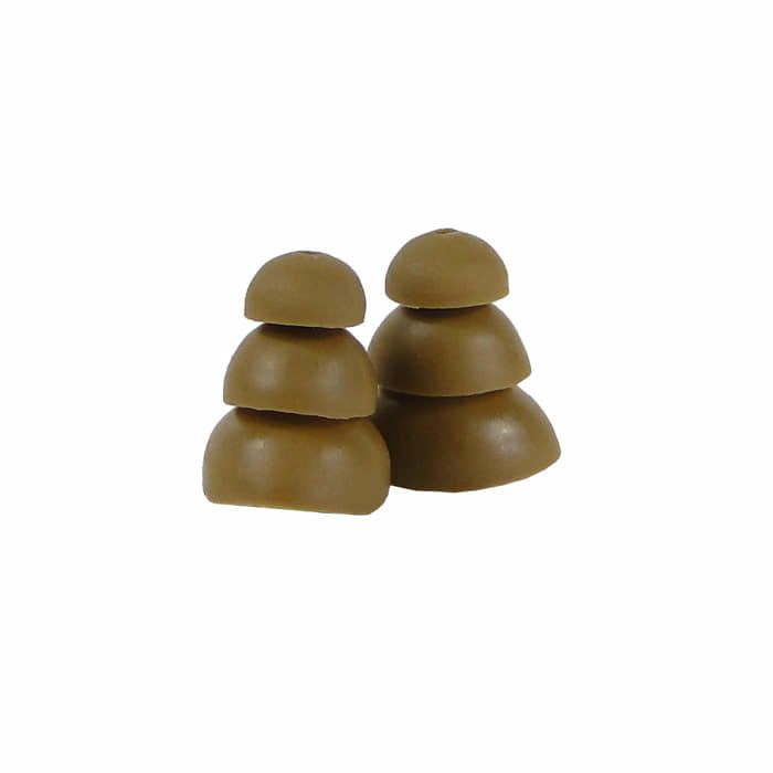 UltraFit L brown silicone earplugs in three different sizes, stacked two pieces each