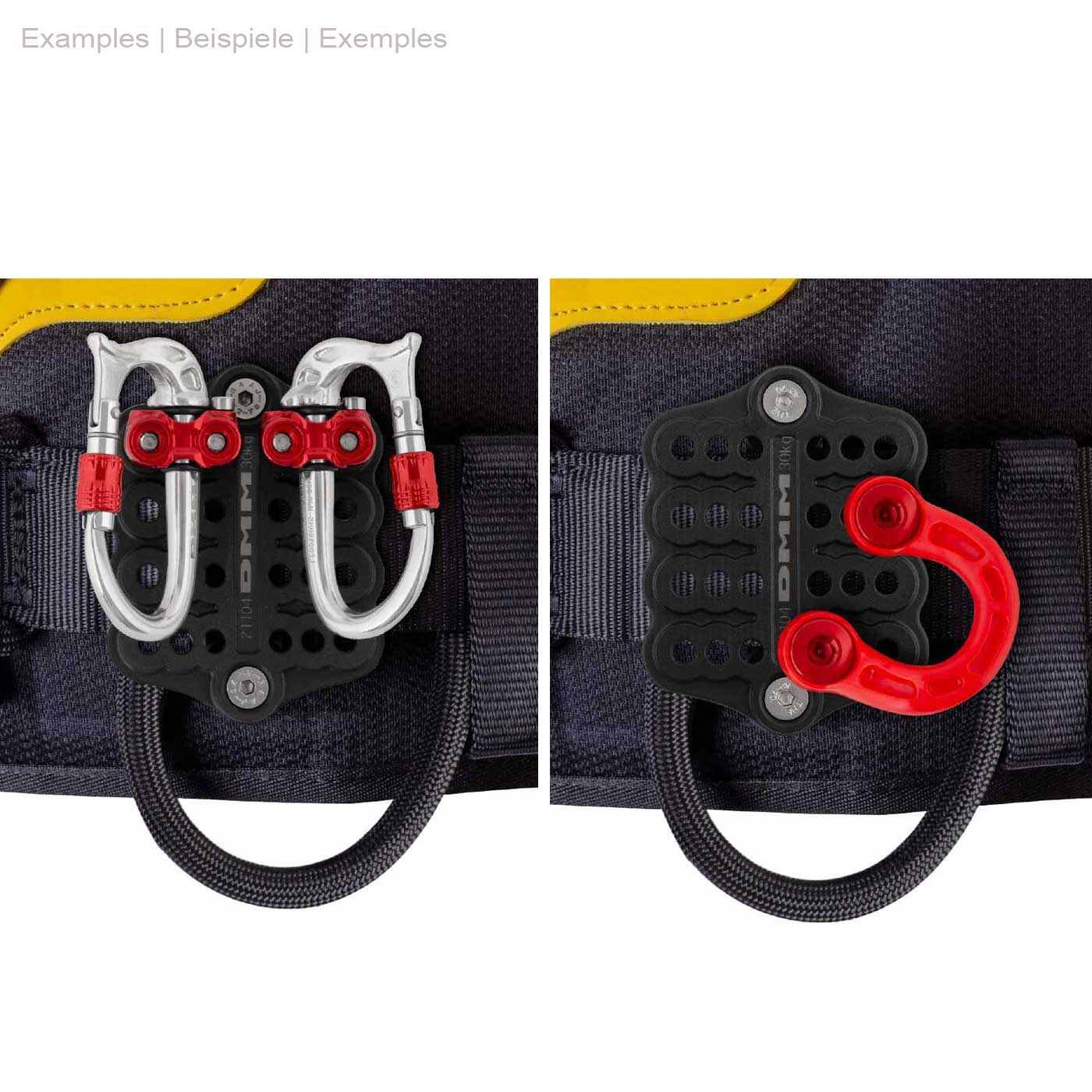 DMM Parking Lot, black plate with several round holes, attached to a strap with two silver carabiners with red clasps on the left side and a red hook on the right side
