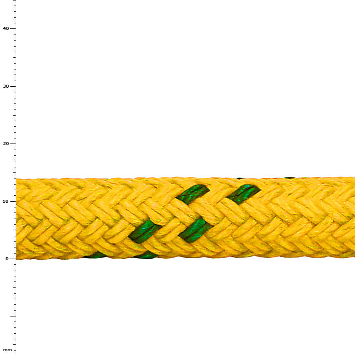 Polydyne 14, yellow braided rope with green fibers, close-up