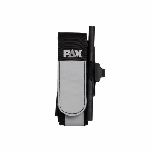 PAX tourniquet with black and grey band, PAX logo on grey tab and black rod on the side