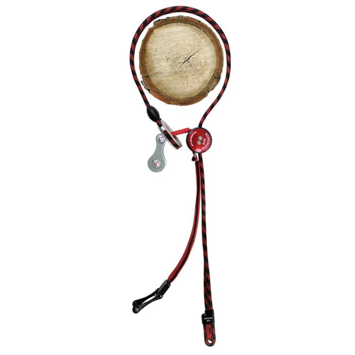 RopeGuide 2010 Link 2 pulley with red and black rope, attached to a piece of wood