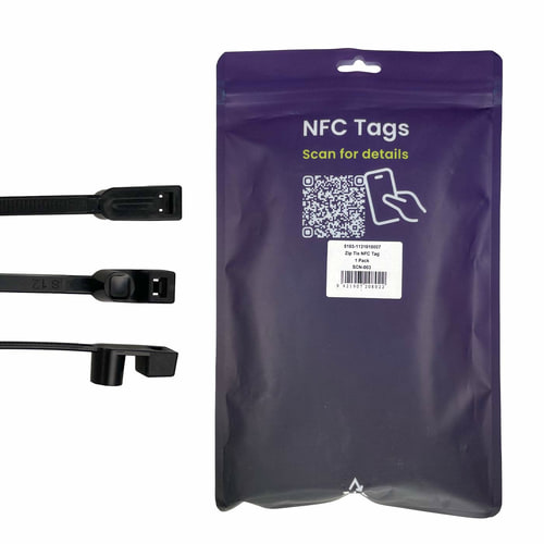 NFC Tag cable ties, back of the packaging with a purple background, a QR code, the text "NFC Tags Scan for details" and a white label with product information, next to it three black cable ties in different close-up views.