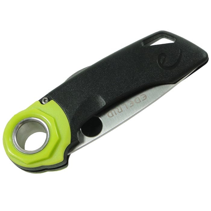 Ropetooth folding knife by Edelrid with black handle, green accent and partially folded silver blade, photographed from above