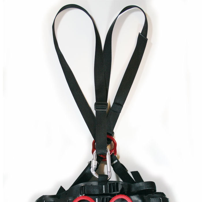 treeMOTION shoulder strap made of black webbing with red metal ring, two silver carabiners and black adjusters, partly attached to a black harness