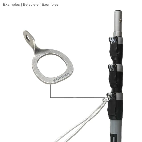 ArboRapid carabiner eye by Berger, silver metal ring with small eyelet, attached to a grey telescopic rod with black handles and white rope