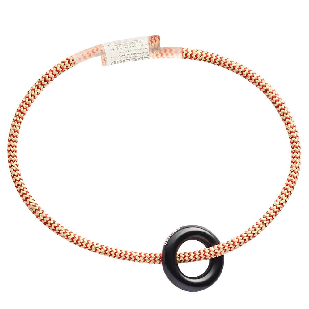 Tibor Loop Ring made of a red and white braided rope with a black ring made of plastic or metal