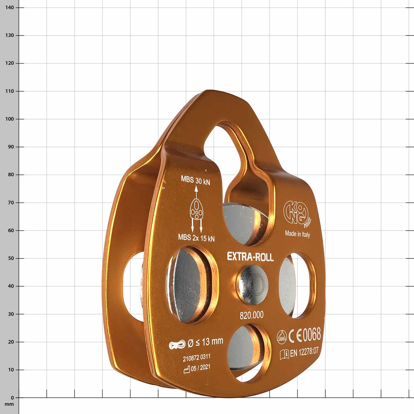 Extra Roll, orange pulley with silver metal axles, manufactured by KONG, Made in Italy, with specifications on the front