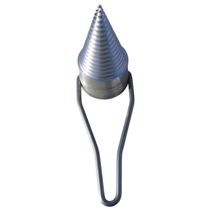 Metal ratchet wedge with spiral cone and integrated bracket photographed from above on white background