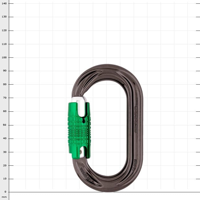 PerfectO carabiner with green clasp and grey metal body