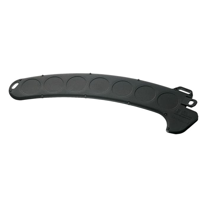 Hayauchi saw blade cover, black, curved cover with several round recesses and two eyelets at the ends.