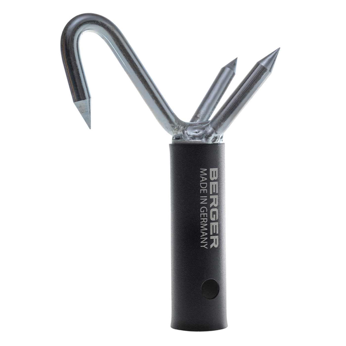 ArboRapid stop claw from Berger, black cylindrical handle with three pointed silver metal hooks, one of them curved