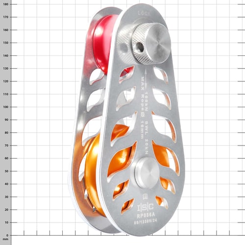 Fire-Block pulley with silver metal housing, orange pulley, manufacturer ISC, type RP056A with inscriptions and locking knob