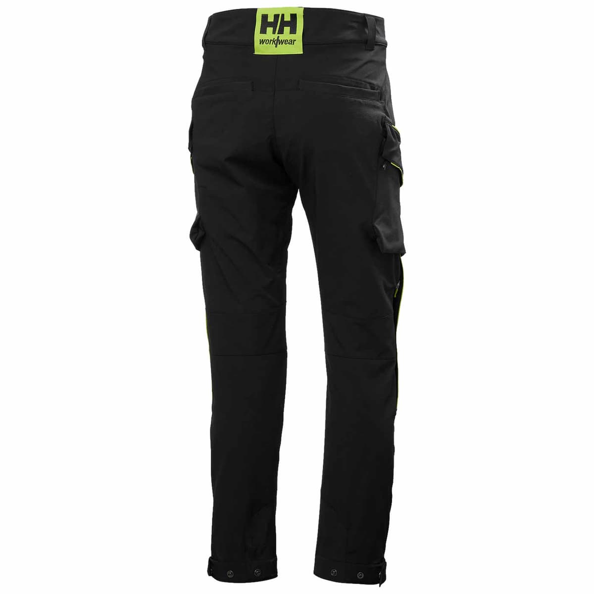 Magni Evolution cargo trousers, black work trousers from the back with HH workwear logo in green lettering on the waistband