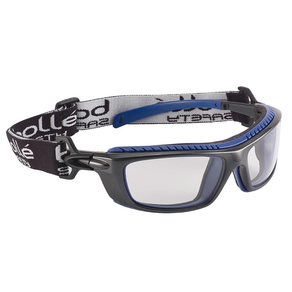 Bollé Baxter safety glasses with clear lens and black, blue frame and black headband with white lettering, view from the other side