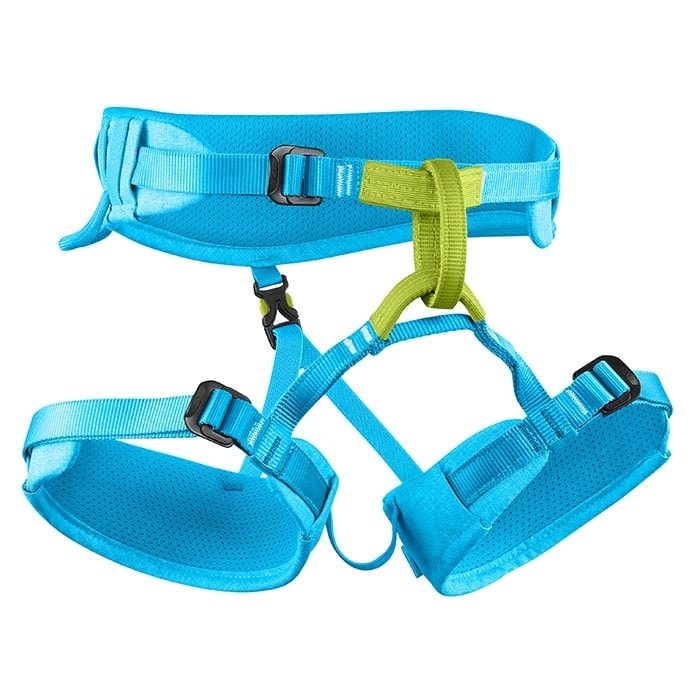 Finn III climbing harness in blue with green loop and adjustable straps made of padded material