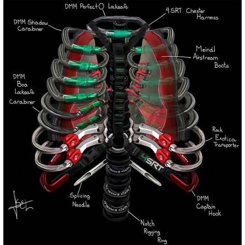 Close-up of printed rib cage pattern from climbing gear on the black Arb Ribs T-shirt