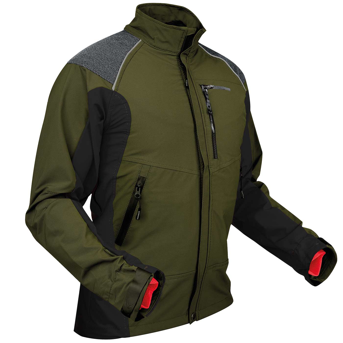 Ventilation Jacket in olive green and black with zippered pockets and high collar