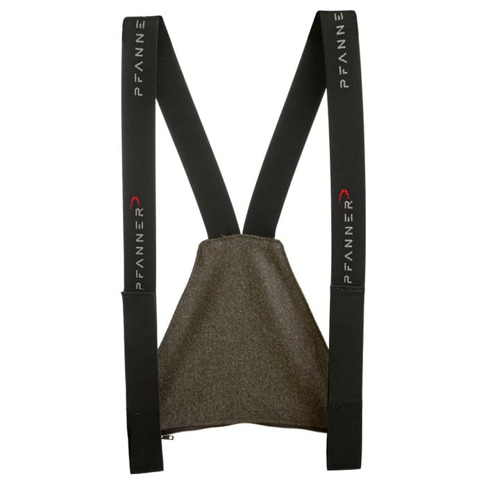 Loden bib with black elastic suspenders on which the lettering "Pfanner" is written