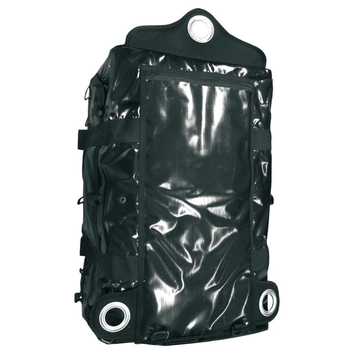 Multiuse bag in black with three large metal eyelets on one side