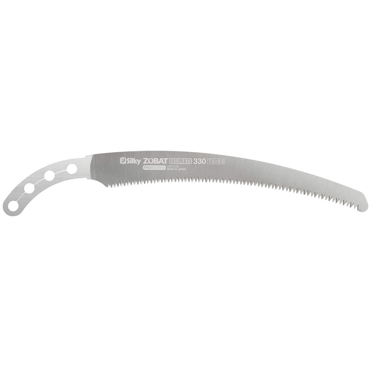 Zübat Ultimate 330-6.5-7.5 saw blade from Silky, curved metal saw blade with teeth and several round holes at the end of the handle.