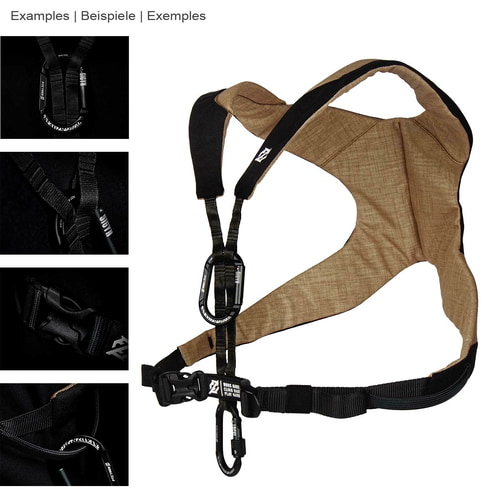 Nate shoulder strap in beige and black with black carabiners and buckles, multiple detail views on black background