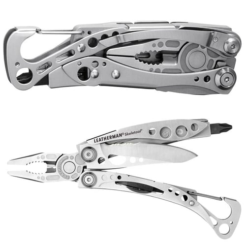Leatherman Skeletool metal multitool, folded and partially opened with visible tools
