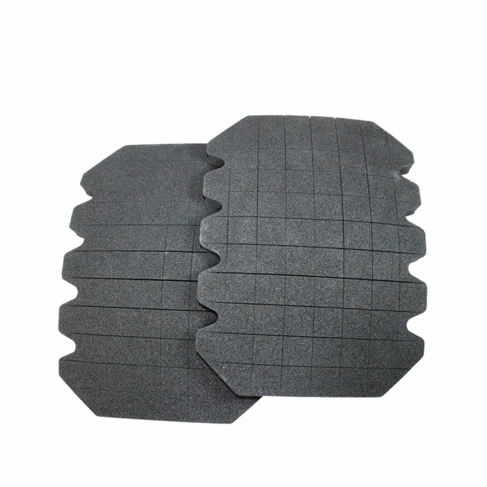 PFANNER® knee pads, two dark grey, rectangular foam pads with serrated sides and fine line patterns on the surface